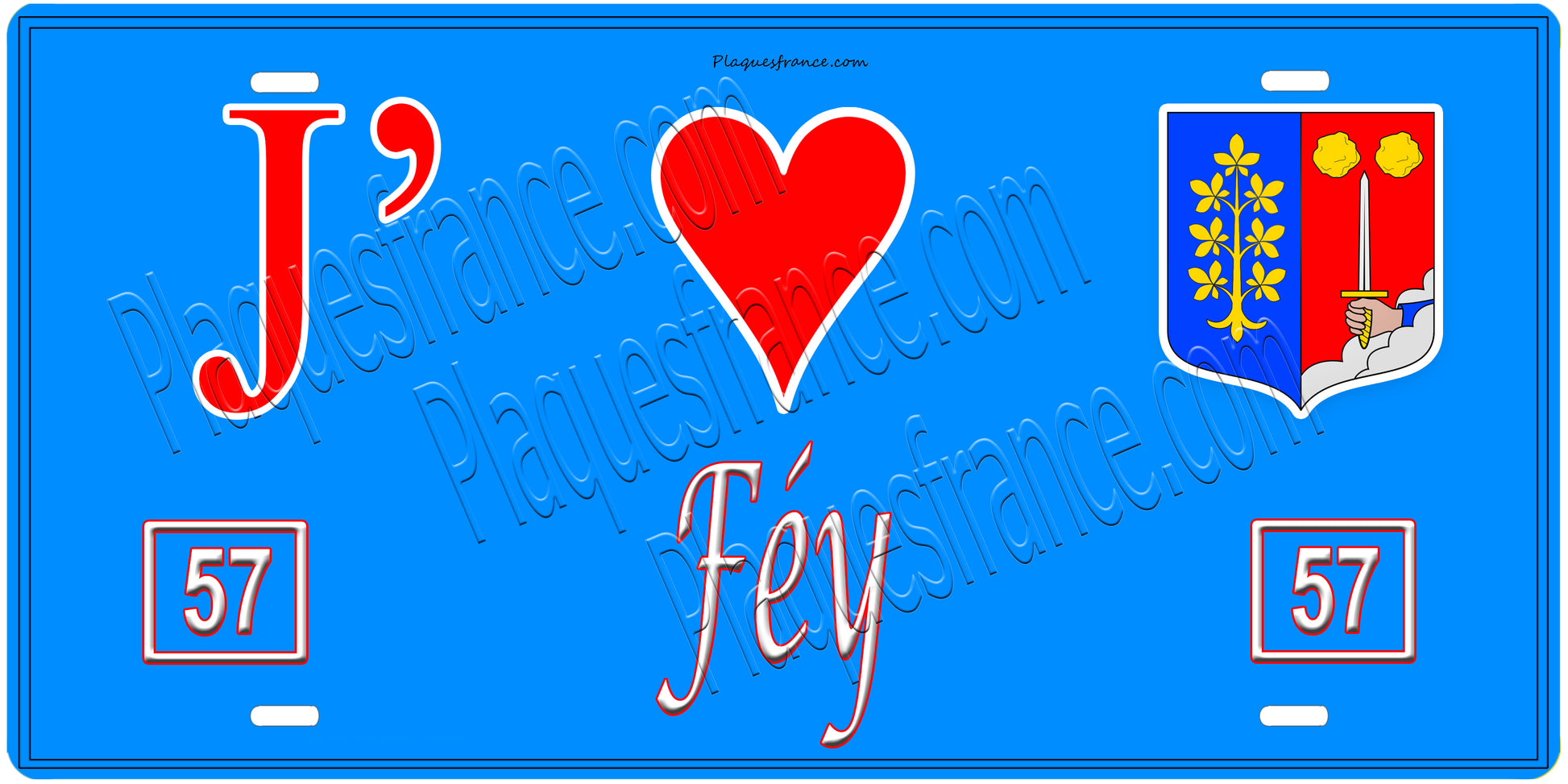 Plaque métal décorative, J'❤️ Féy, Moselle, fond mur bleu 57