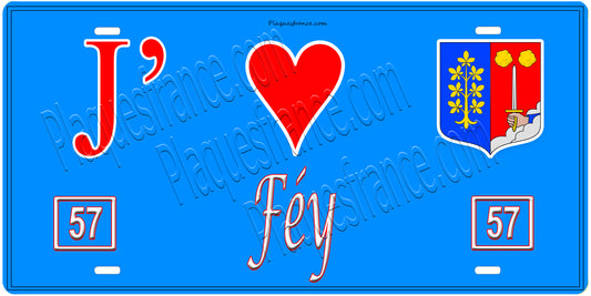 Plaque métal décorative, J'❤️ Féy, Moselle, fond mur bleu 57