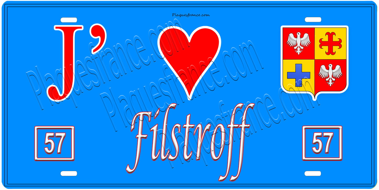 Plaque métal décorative, J'❤️ Filstroff, Moselle, fond mur bleu 57