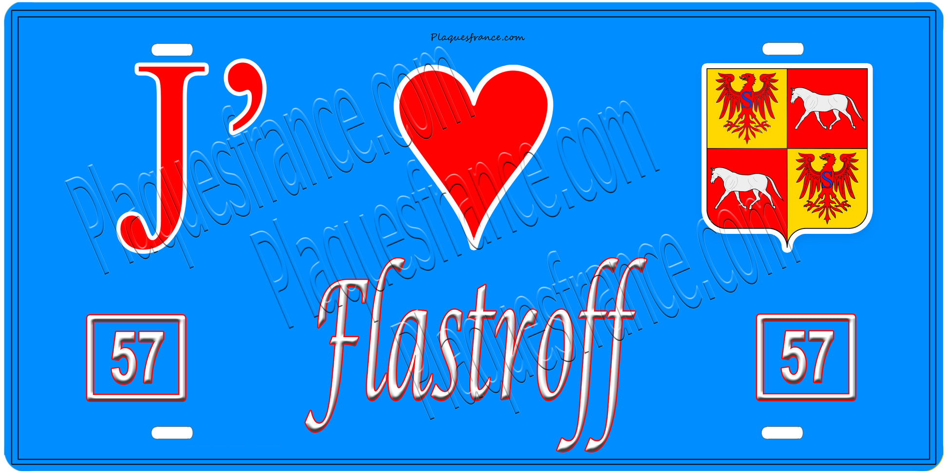 Plaque métal décorative, J'❤️ Flastroff, Moselle, fond mur bleu 57