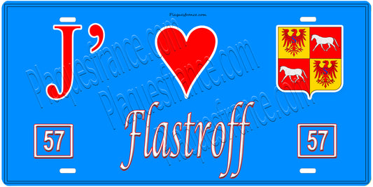 Plaque métal décorative, J'❤️ Flastroff, Moselle, fond mur bleu 57