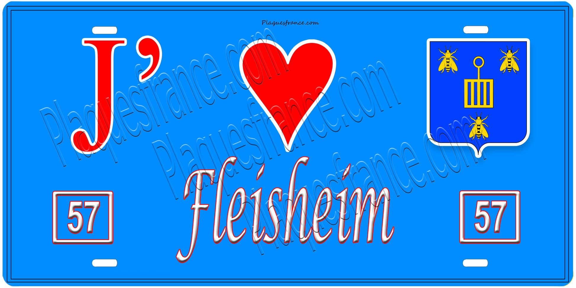 Plaque métal décorative, J'❤️Fleisheim, Moselle, fond mur bleu 57