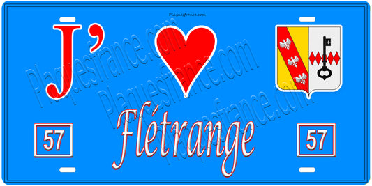 Plaque métal décorative, J'❤️Flétrange, Moselle, fond mur bleu 57