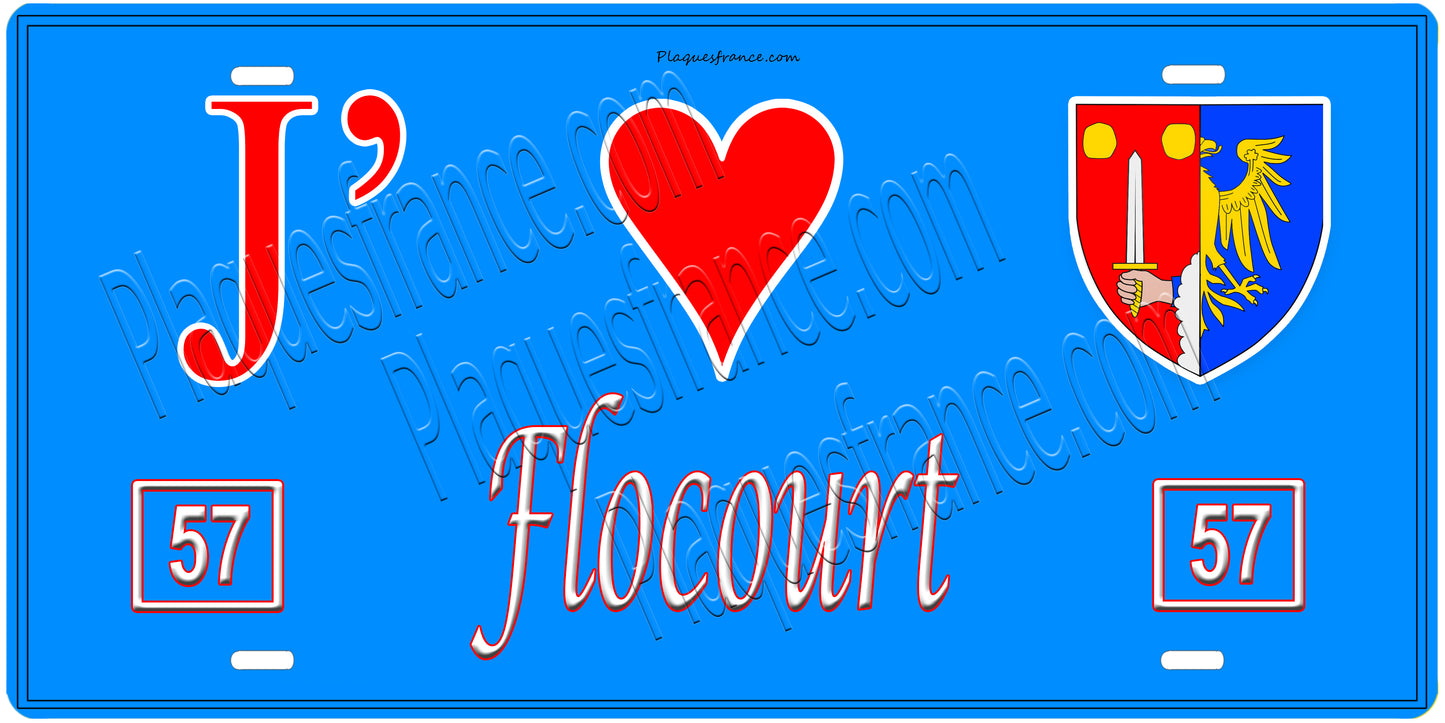 Plaque métal décorative, J'❤️Flocourt, Moselle, fond mur bleu 57