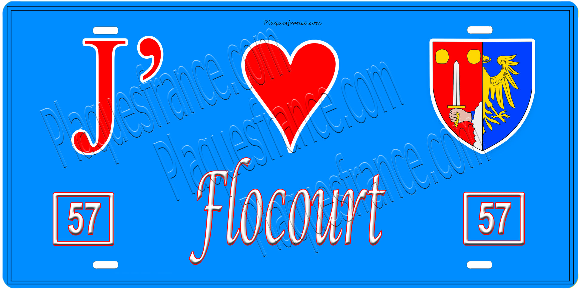 Plaque métal décorative, J'❤️Flocourt, Moselle, fond mur bleu 57