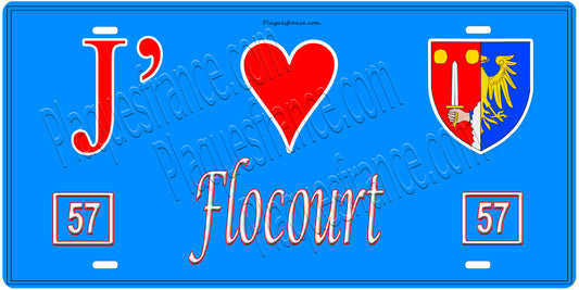 Plaque métal décorative, J'❤️Flocourt, Moselle, fond mur bleu 57