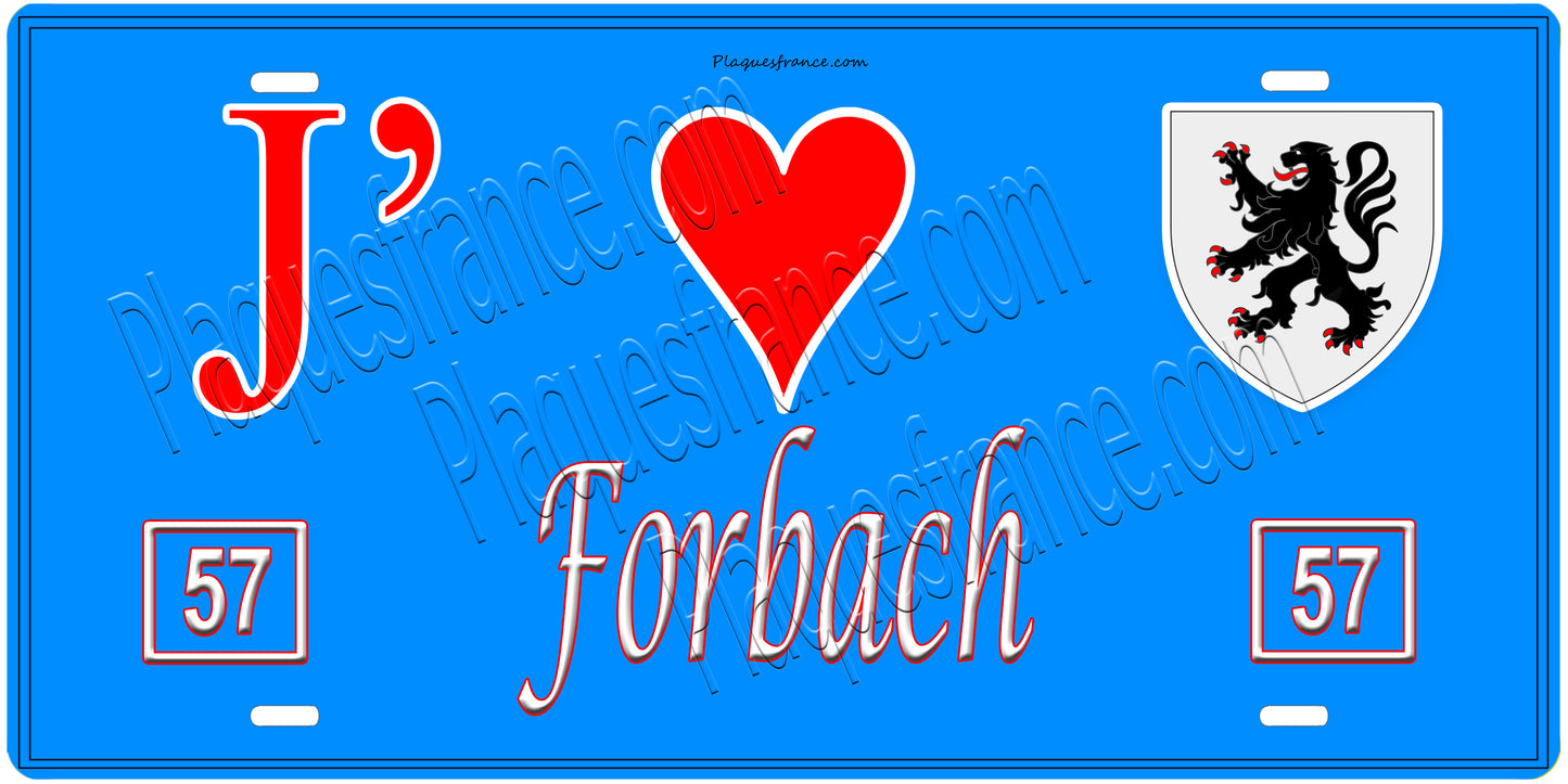 Plaque métal décorative, J'❤️ Forbach, Moselle, fond mur bleu 57