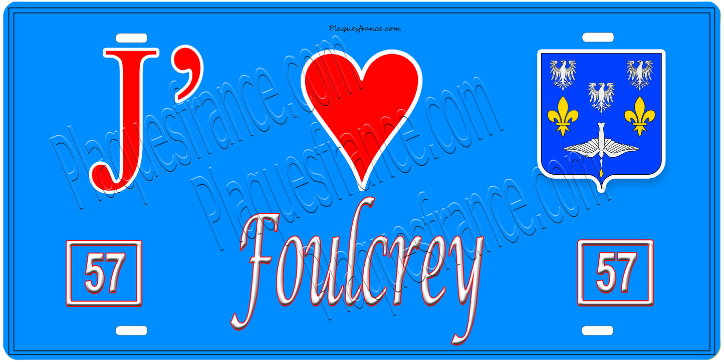 Plaque métal décorative, J'❤️Foulcrey, Moselle, fond mur bleu 57