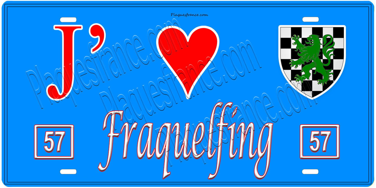 Plaque métal décorative, J'❤️Fraquelfing, Moselle, fond mur bleu 57