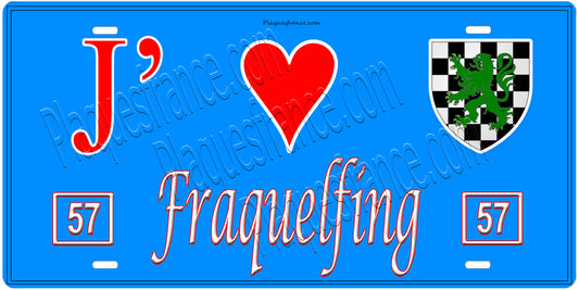 Plaque métal décorative, J'❤️Fraquelfing, Moselle, fond mur bleu 57