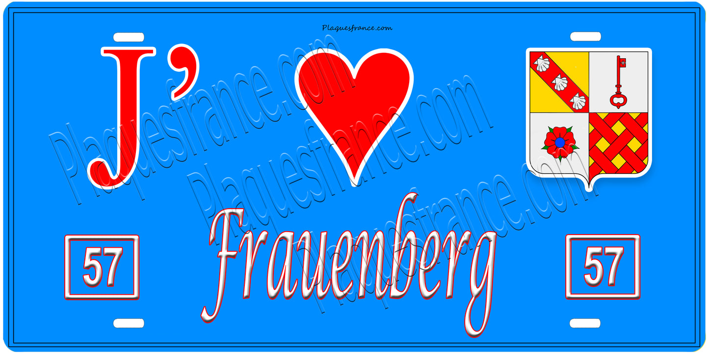 Plaque métal décorative, J'❤️Frauenberg, Moselle, fond mur bleu 57