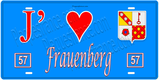 Plaque métal décorative, J'❤️Frauenberg, Moselle, fond mur bleu 57