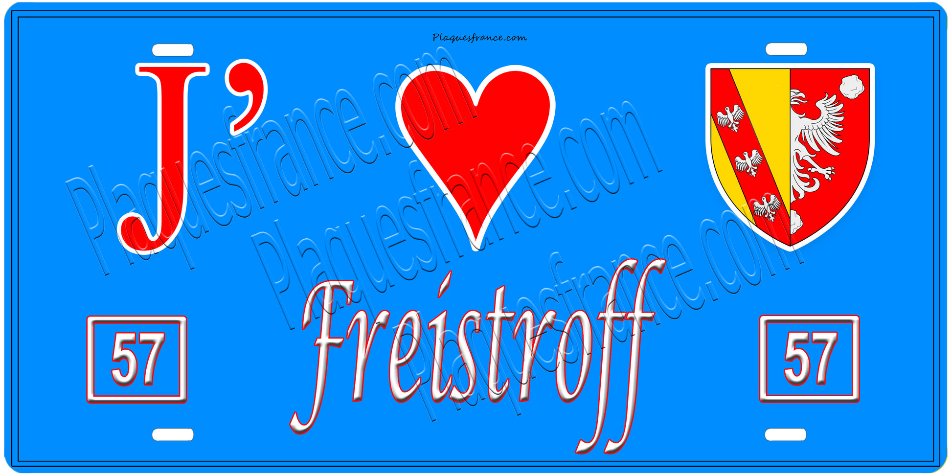 Plaque métal décorative, J'❤️ Freistroff, Moselle, fond mur bleu 57