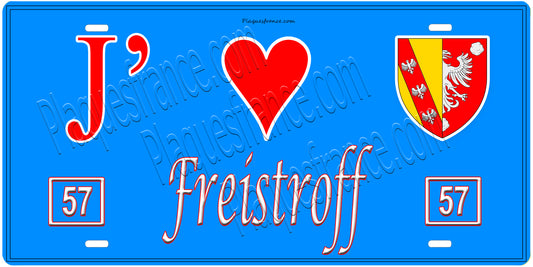 Plaque métal décorative, J'❤️ Freistroff, Moselle, fond mur bleu 57