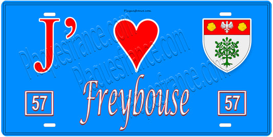 Plaque métal décorative, J'❤️Freybouse, Moselle, fond mur bleu 57