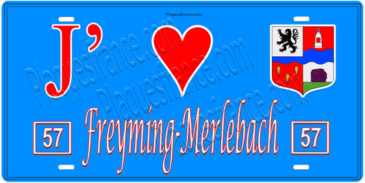 Plaque métal décorative, J'❤️ Freyming-Merlebach, Moselle, fond mur bleu 57