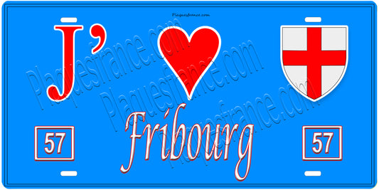 Plaque métal décorative, J'❤️Fribourg , Moselle, fond mur bleu 57