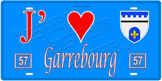 Plaque métal décorative, J'❤️Garrebourg, Moselle, fond mur bleu 57