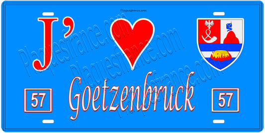 Plaque métal décorative, J'❤️ Goetzenbruck, Moselle, fond mur bleu 57