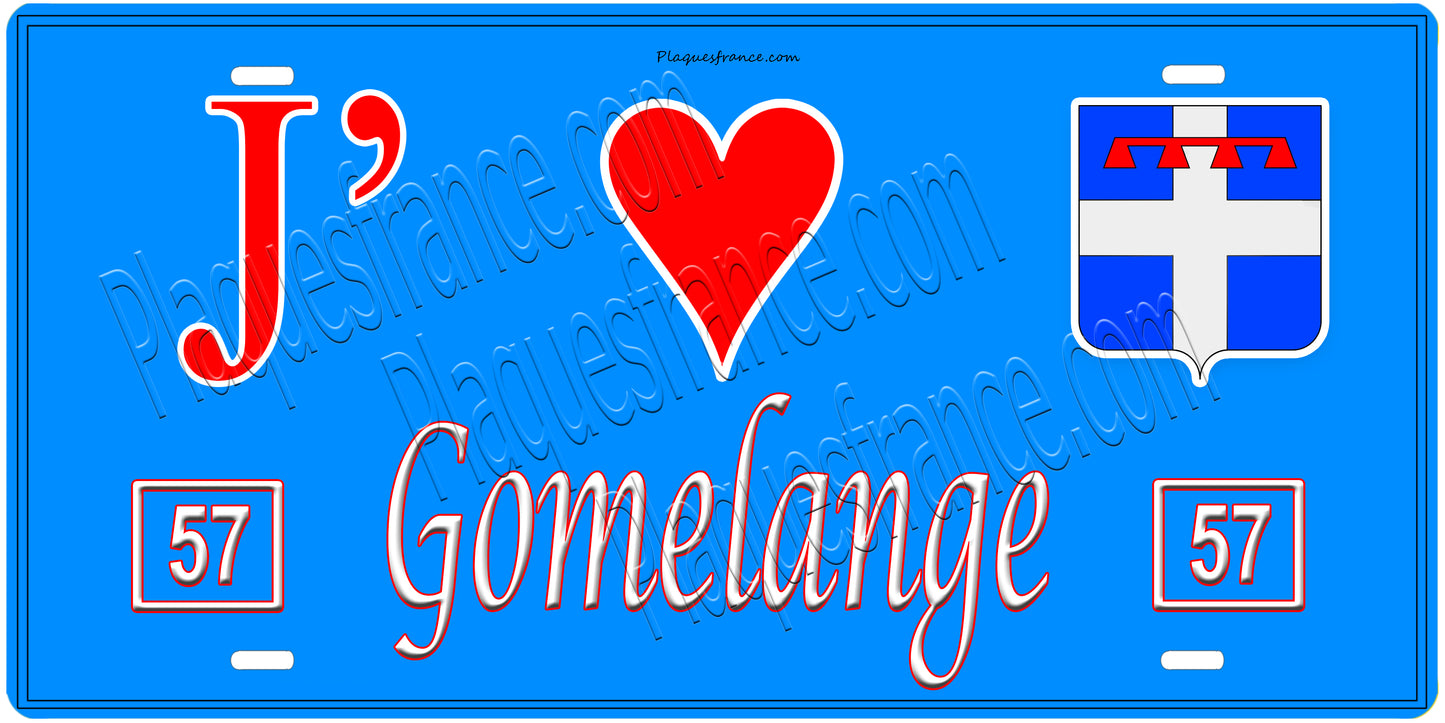 Plaque métal décorative, J'❤️ Gomelange, Moselle, fond mur bleu 57