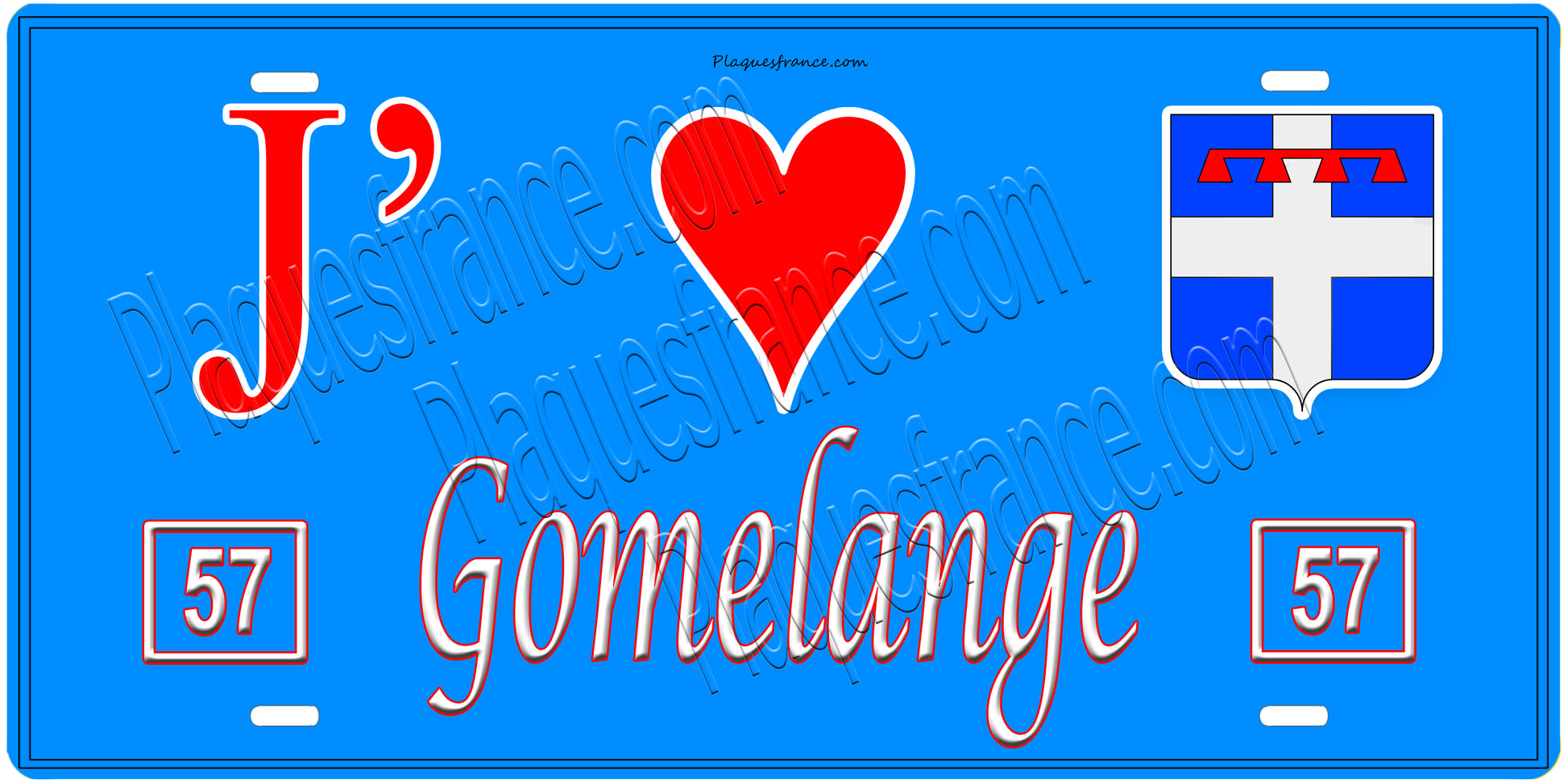 Plaque métal décorative, J'❤️ Gomelange, Moselle, fond mur bleu 57