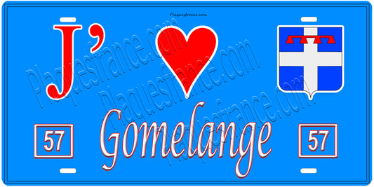 Plaque métal décorative, J'❤️ Gomelange, Moselle, fond mur bleu 57