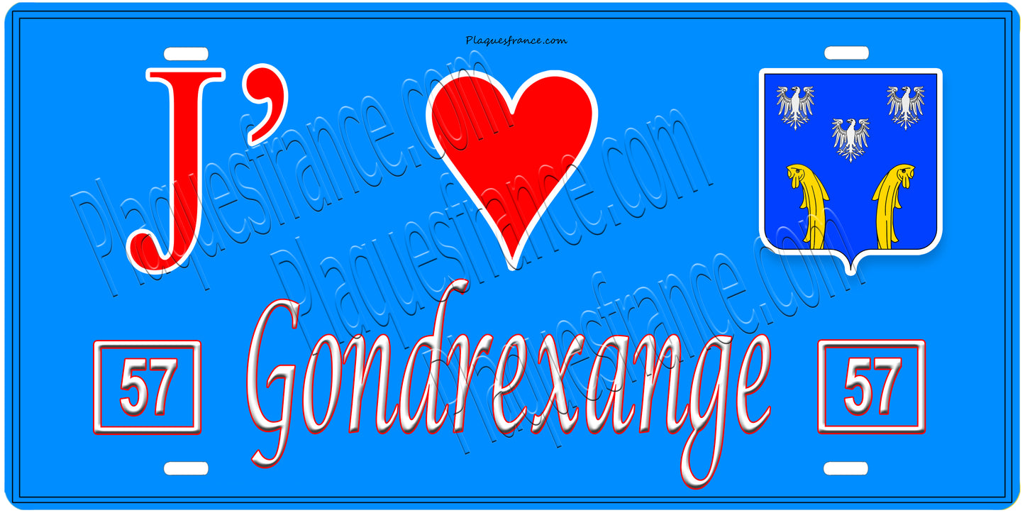 Plaque métal décorative, J'❤️Gondrexange, Moselle, fond mur bleu 57