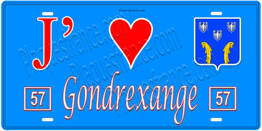 Plaque métal décorative, J'❤️Gondrexange, Moselle, fond mur bleu 57