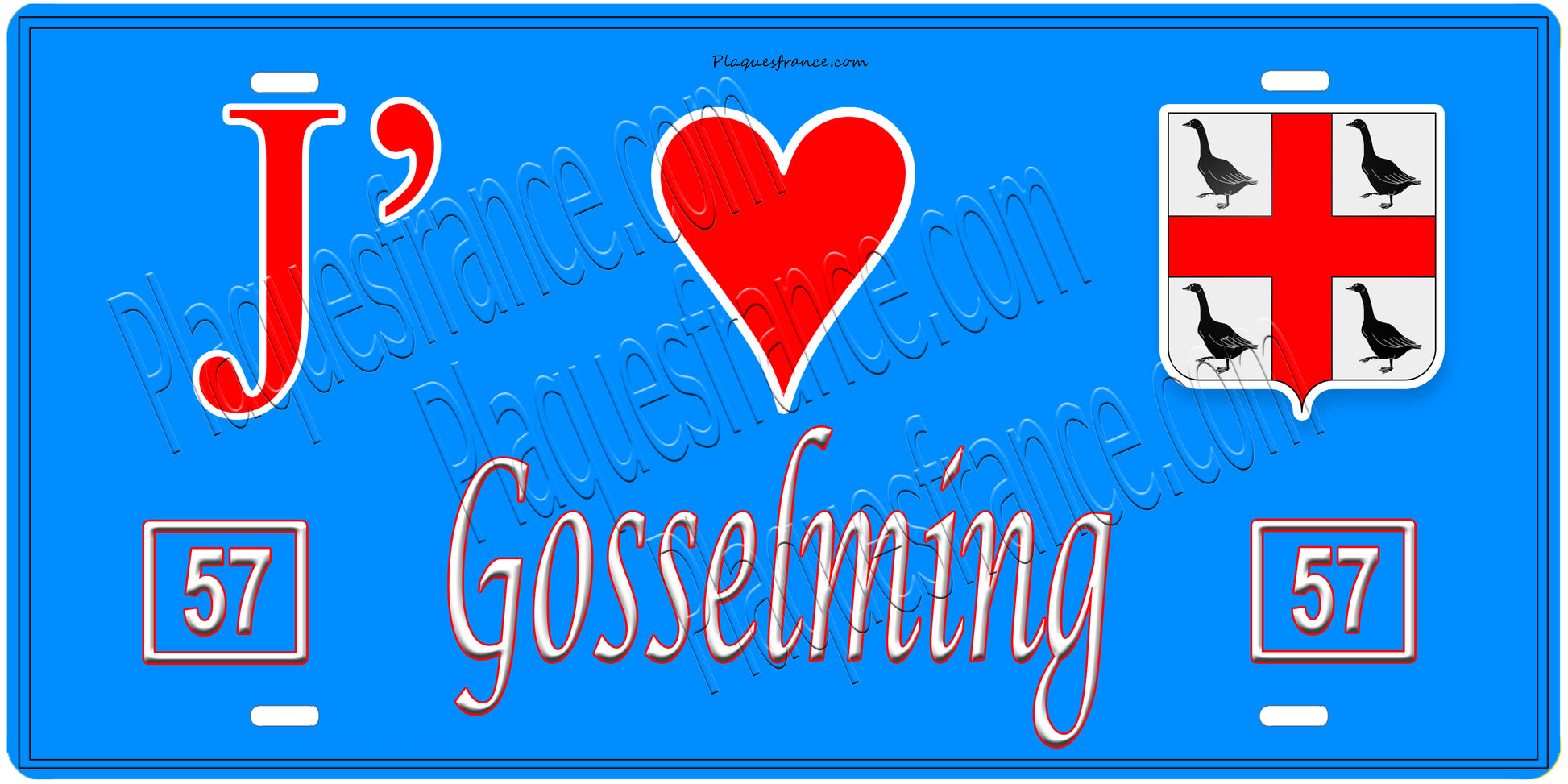 Plaque métal décorative, J'❤️Gosselming, Moselle, fond mur bleu 57