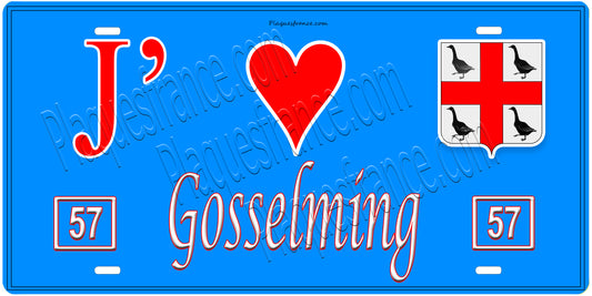 Plaque métal décorative, J'❤️Gosselming, Moselle, fond mur bleu 57