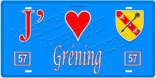Plaque métal décorative, J'❤️Gréning, Moselle, fond mur bleu 57