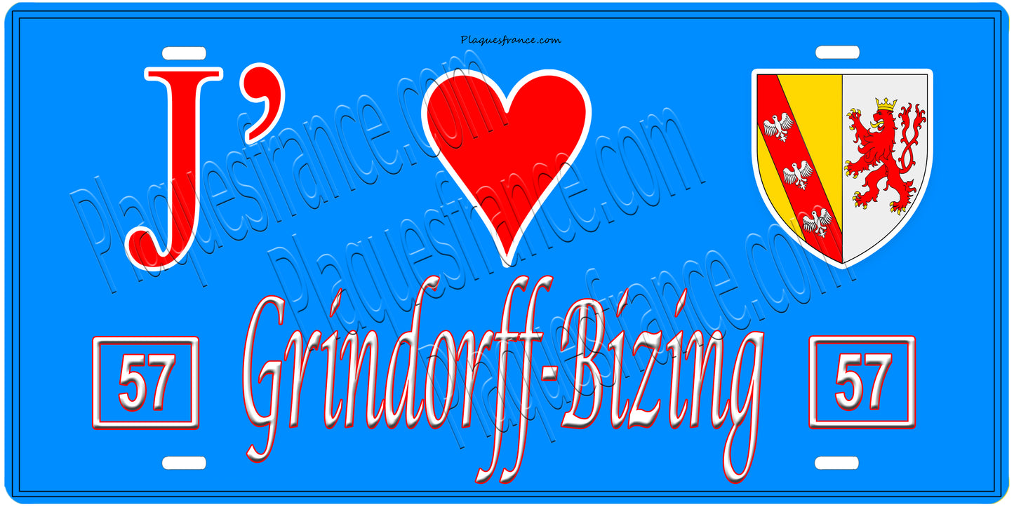 Plaque métal décorative, J'❤️ Grindorff-Bizing, Moselle, fond mur bleu 57