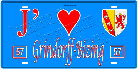 Plaque métal décorative, J'❤️ Grindorff-Bizing, Moselle, fond mur bleu 57