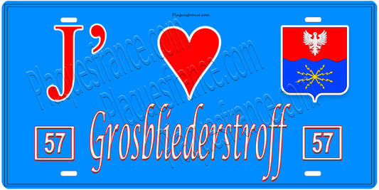 Plaque métal décorative, J'❤️Grosbliederstroff, Moselle, fond mur bleu 57