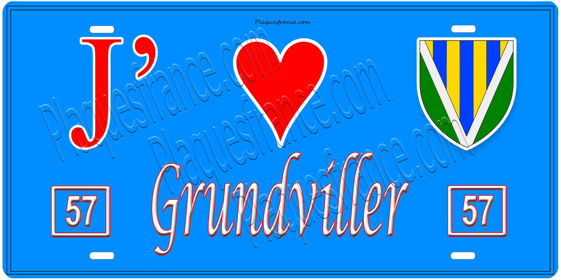 Plaque métal décorative, J'❤️Grundviller, Moselle, fond mur bleu 57