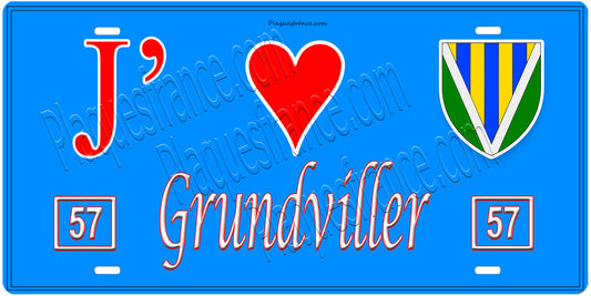 Plaque métal décorative, J'❤️Grundviller, Moselle, fond mur bleu 57