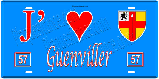 Plaque métal décorative, J'❤️ Guenviller, Moselle, fond mur bleu 57