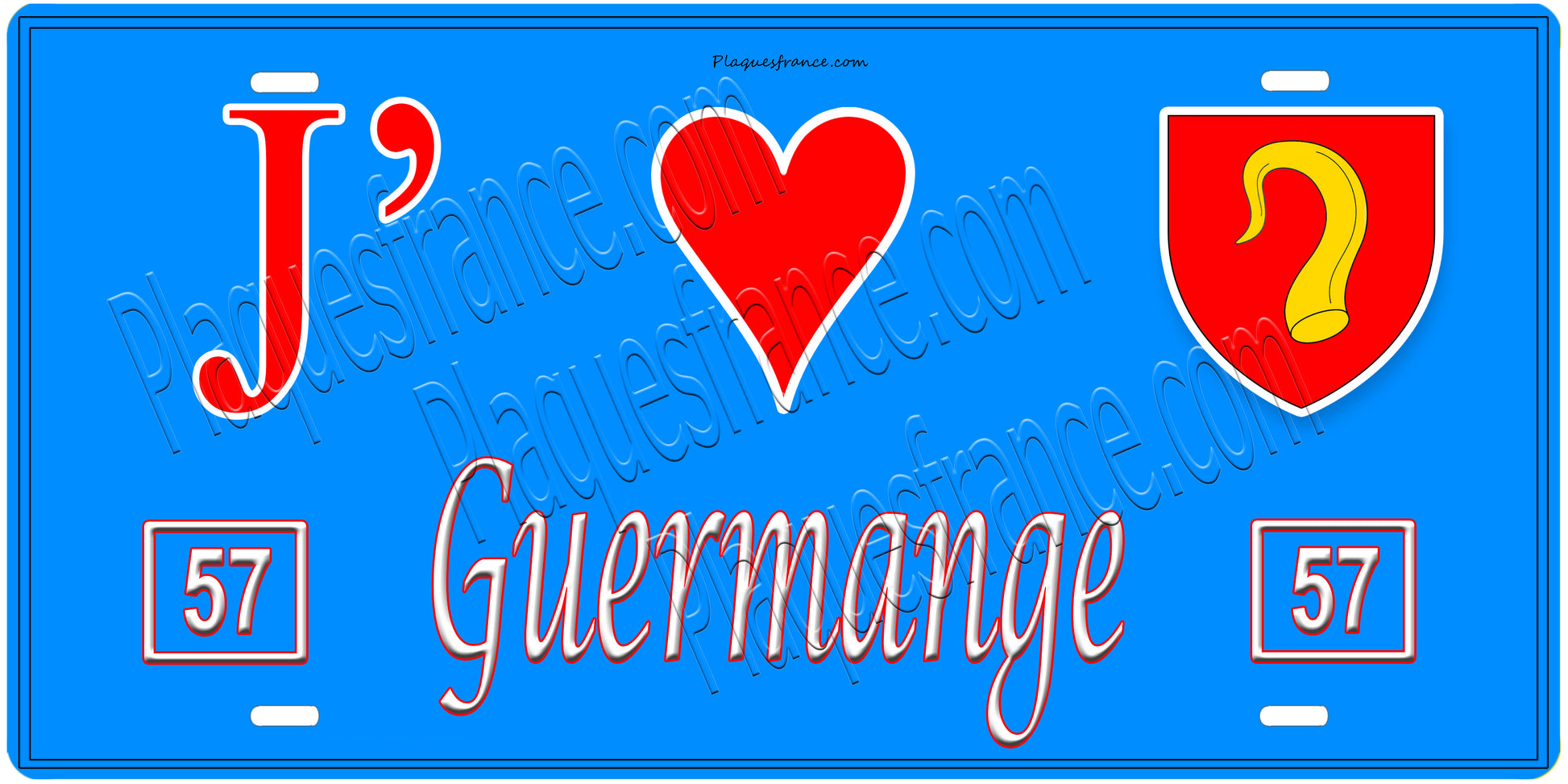 Plaque métal décorative, J'❤️Guermange, Moselle, fond mur bleu 57