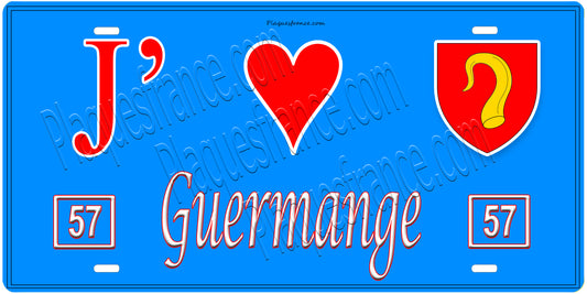 Plaque métal décorative, J'❤️Guermange, Moselle, fond mur bleu 57