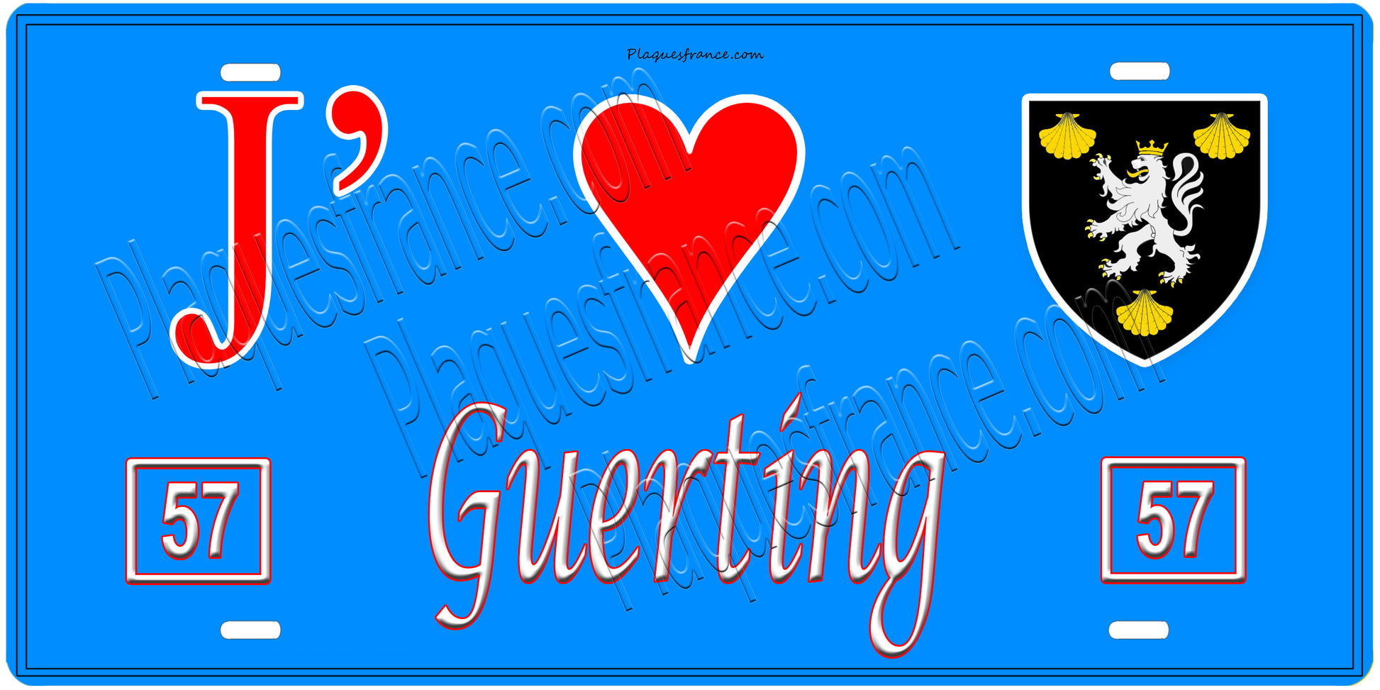 Plaque métal décorative, J'❤️ Guerting, Moselle, fond mur bleu 57