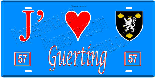 Plaque métal décorative, J'❤️ Guerting, Moselle, fond mur bleu 57