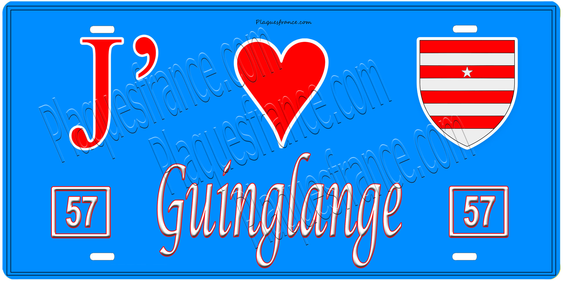 Plaque métal décorative, J'❤️Guinglange, Moselle, fond mur bleu 57