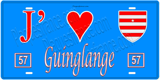 Plaque métal décorative, J'❤️Guinglange, Moselle, fond mur bleu 57