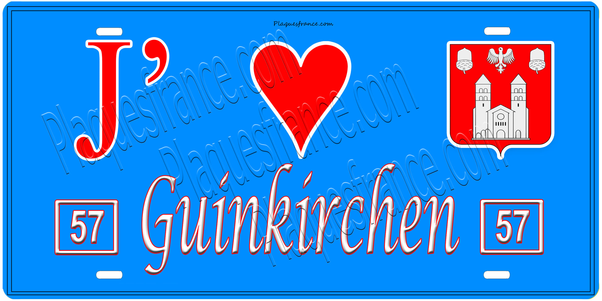 Plaque métal décorative, J'❤️ Guinkirchen, Moselle, fond mur bleu 57