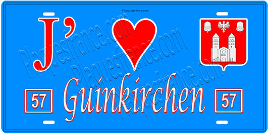 Plaque métal décorative, J'❤️ Guinkirchen, Moselle, fond mur bleu 57