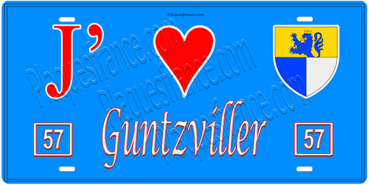 Plaque métal décorative, J'❤️Guntzviller, Moselle, fond mur bleu 57