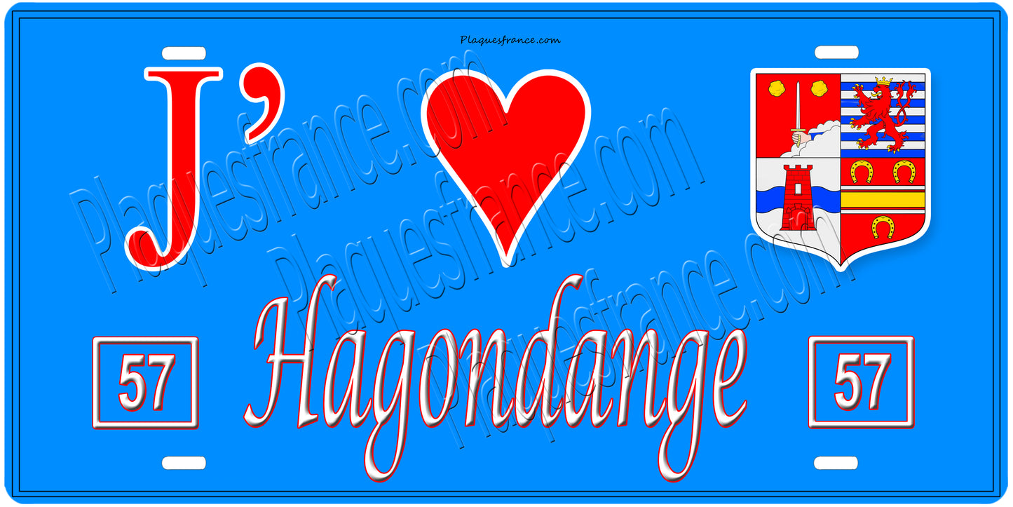 Plaque métal décorative,J'❤️Hagondange, Moselle, fond mur bleu 57