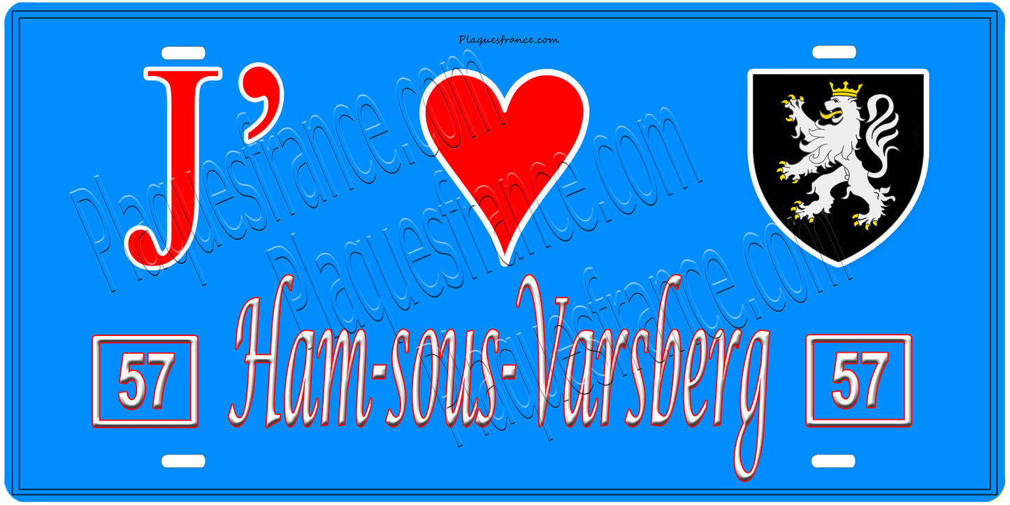 Plaque métal décorative, J'❤️ Ham-sous-Varsberg, Moselle, fond mur bleu 57