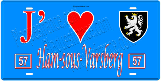 Plaque métal décorative, J'❤️ Ham-sous-Varsberg, Moselle, fond mur bleu 57