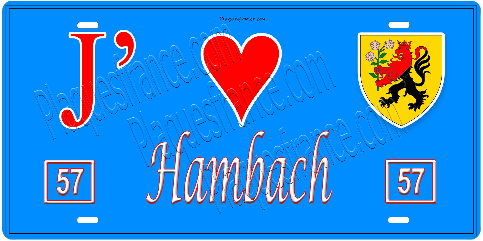 Plaque métal décorative, J'❤️Hambach, Moselle, fond mur bleu 57